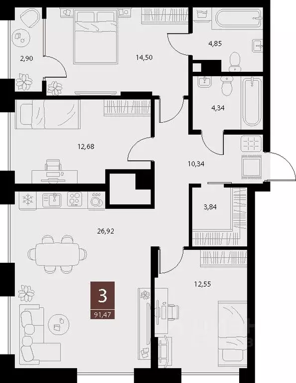 3-к кв. Рязанская область, Рязань ул. Бирюзова, 20с1 (91.47 м) - Фото 1