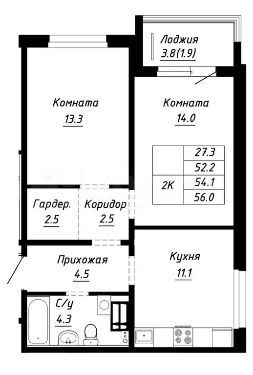 2-к. квартира, 54,1 м, 10/10 эт. - Фото 1