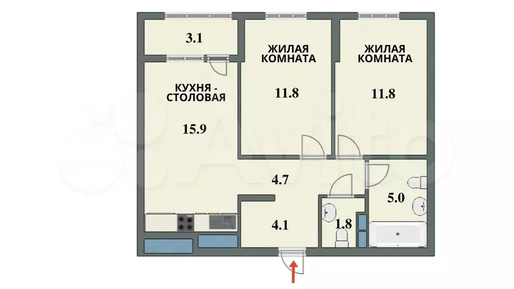 2-к. квартира, 55 м, 8/25 эт. - Фото 0
