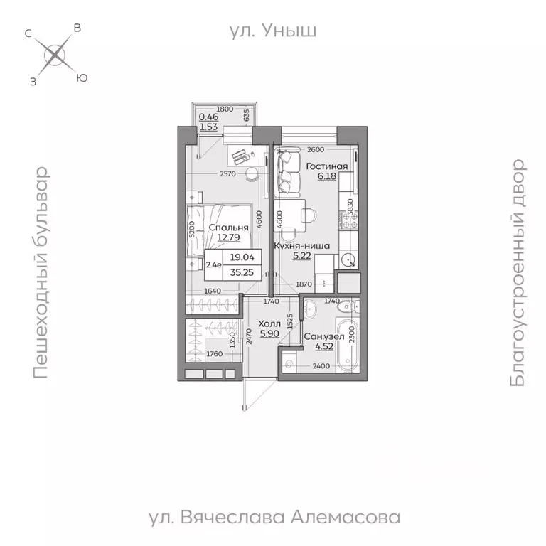 2-к кв. Татарстан, Казань ул. Рауиса Гареева (35.26 м) - Фото 0