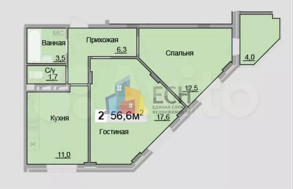 2-к. квартира, 56,6 м, 6/10 эт. - Фото 0
