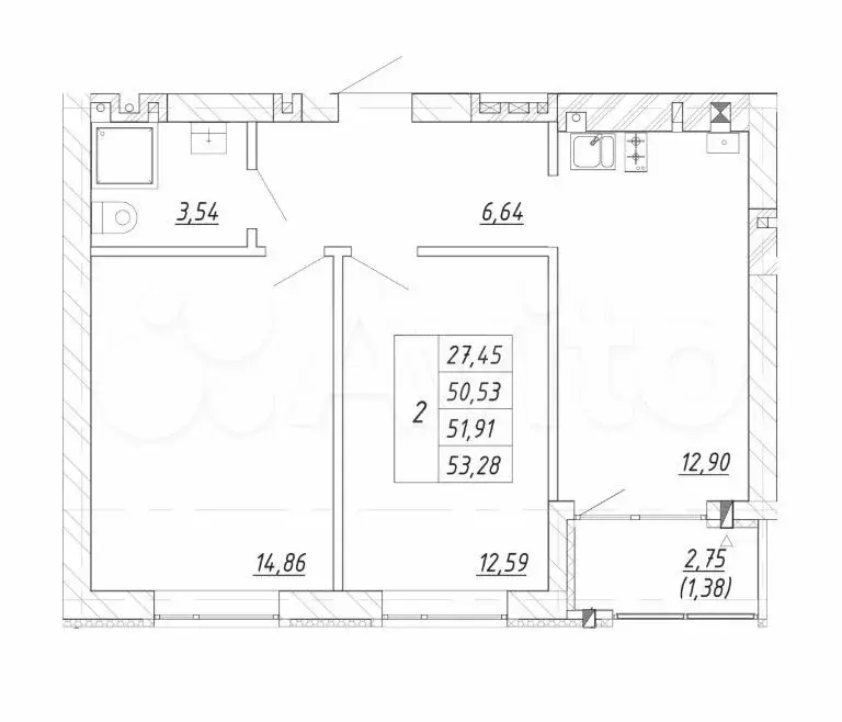 2-к. квартира, 51,9 м, 2/4 эт. - Фото 1