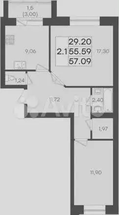 2-к. квартира, 57,1м, 2/3эт. - Фото 0