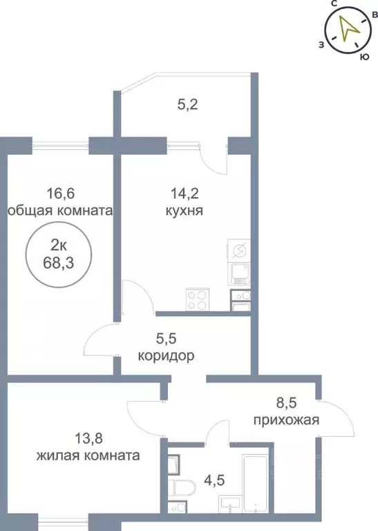 2-к кв. Ханты-Мансийский АО, Нефтеюганск 6-й мкр, 17 (68.3 м) - Фото 1