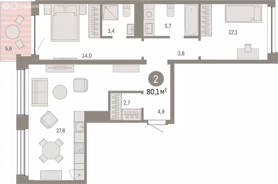 2-комнатная квартира: Тюмень, улица Муравленко, 9/2 (80.09 м) - Фото 1