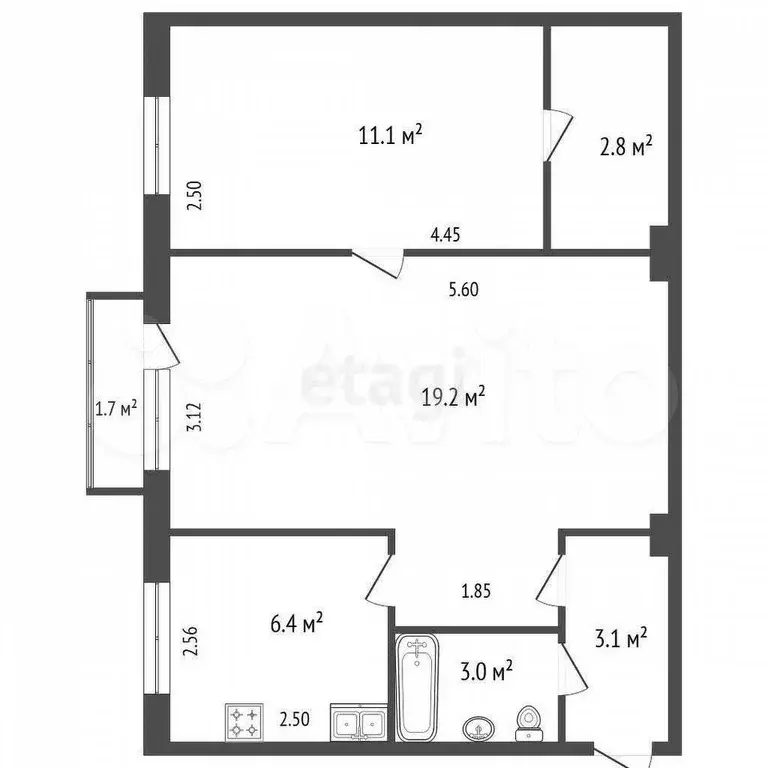 2-к. квартира, 45,6 м, 2/5 эт. - Фото 0