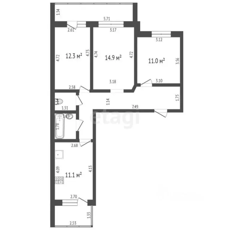 3-к кв. Башкортостан, Стерлитамак ул. Артема, 151 (66.3 м) - Фото 1