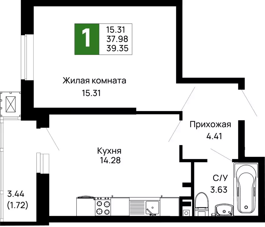 1-к кв. Адыгея, Майкоп 9 Мая ул., 14А (39.35 м) - Фото 1