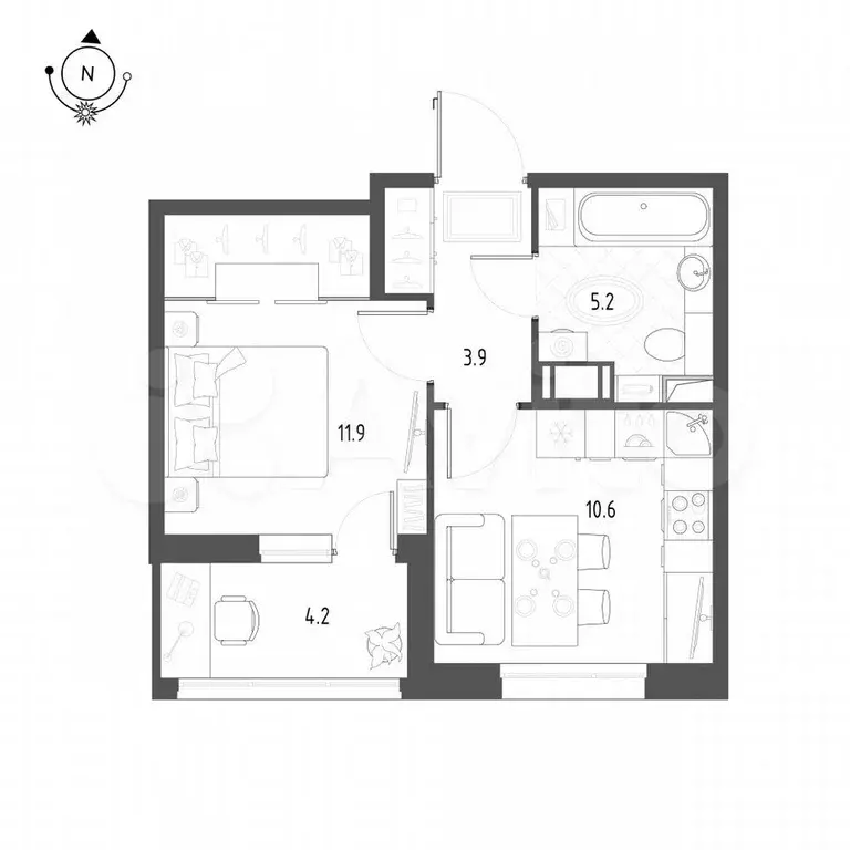 1-к. квартира, 33,7 м, 9/9 эт. - Фото 0