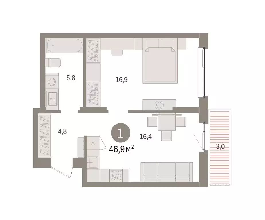 1-комнатная квартира: Пермь, улица Солдатова (46.93 м) - Фото 2