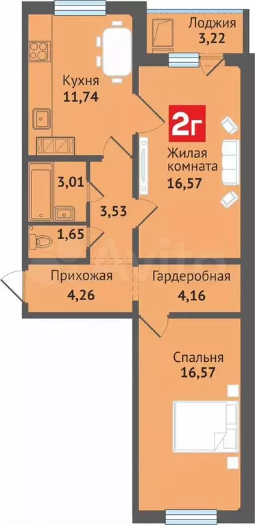 2-к. квартира, 64,7 м, 13/16 эт. - Фото 0