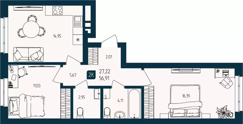 2-к кв. Тюменская область, Тюмень  (56.91 м) - Фото 1