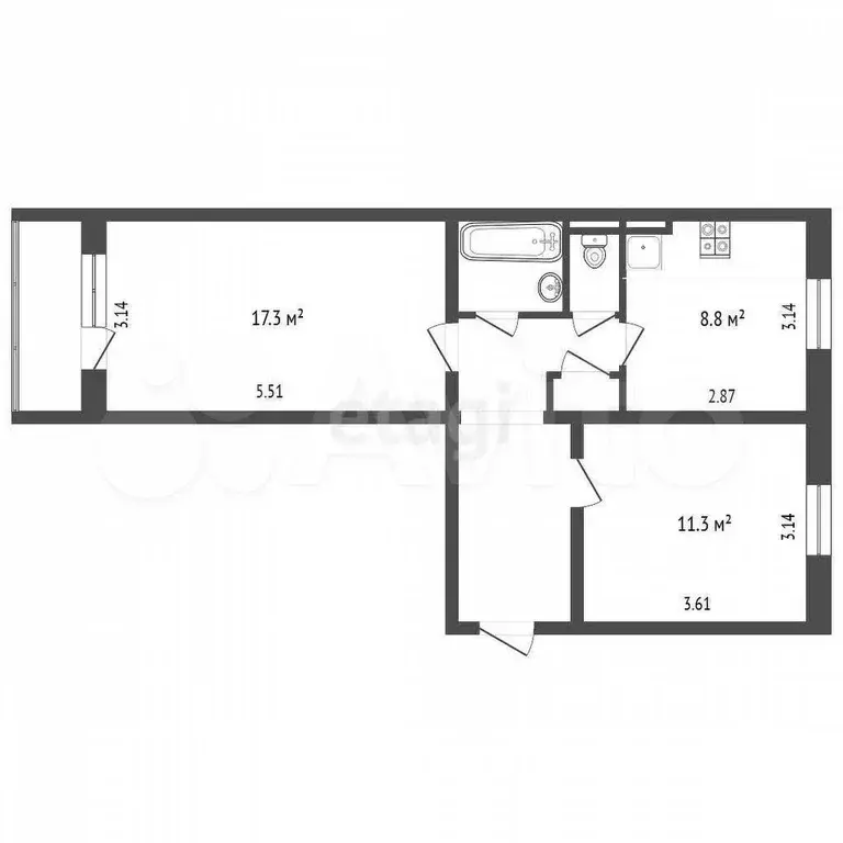 2-к. квартира, 51,5 м, 5/5 эт. - Фото 0