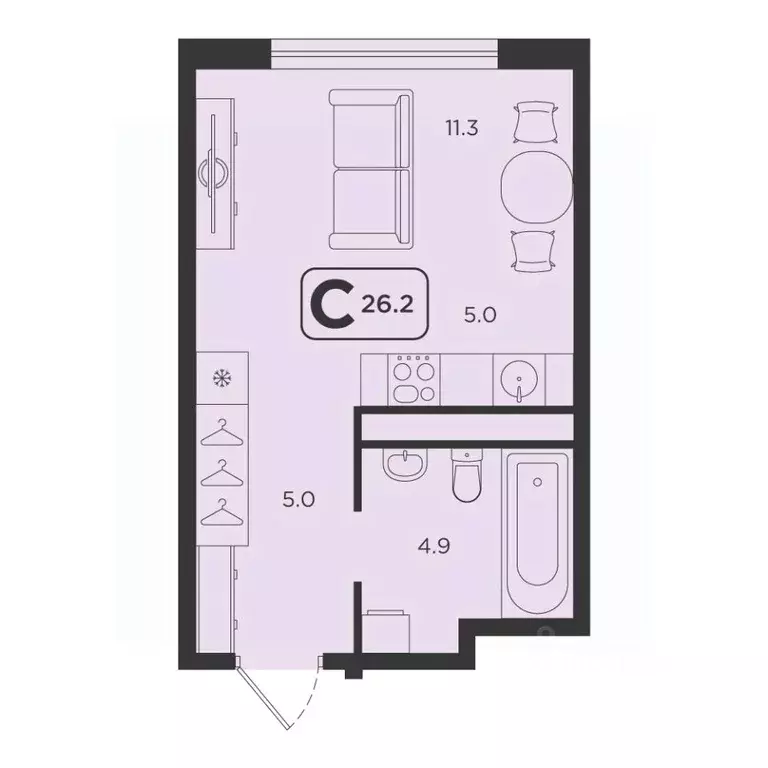 Студия Тюменская область, Тюмень  (26.2 м) - Фото 1