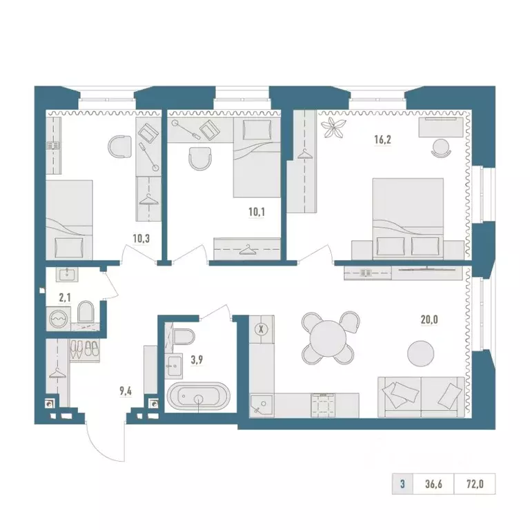 3-к кв. Башкортостан, Уфа Родина Парк жилой комплекс (72.0 м) - Фото 1