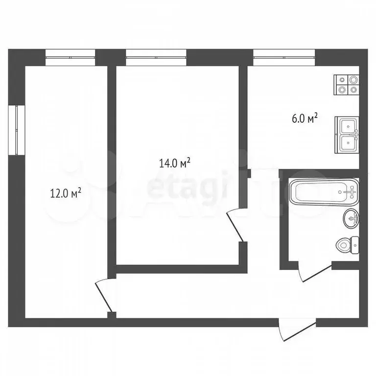 2-к. квартира, 43,7 м, 5/5 эт. - Фото 0