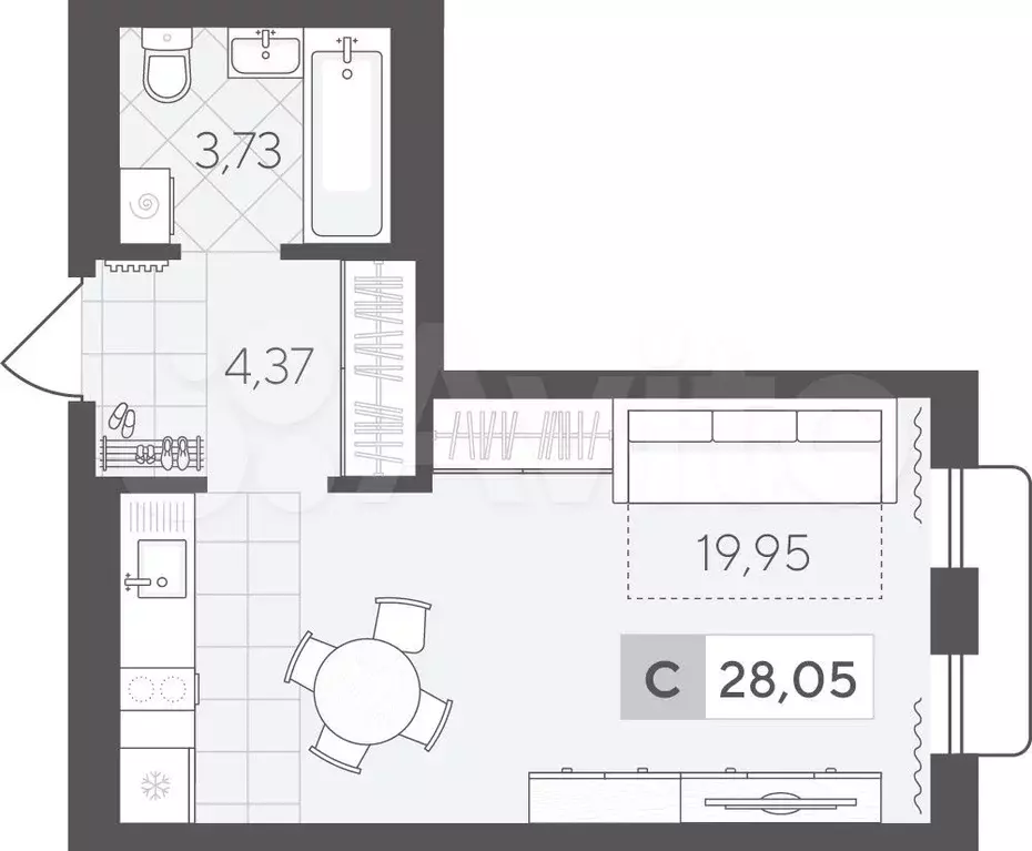 Квартира-студия, 28,1 м, 7/17 эт. - Фото 0