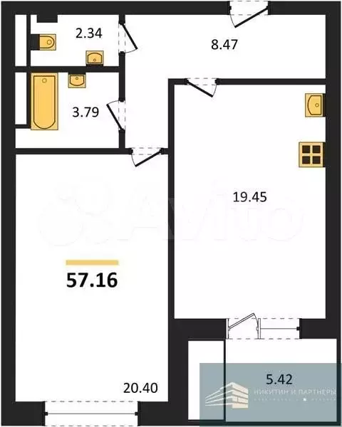 1-к. квартира, 57,2 м, 3/9 эт. - Фото 0