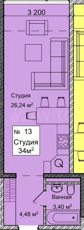 Квартира-студия, 34 м, 5/12 эт. - Фото 0
