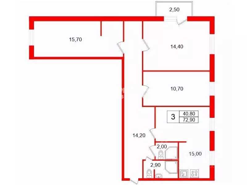 3-к кв. Санкт-Петербург Белорусская ул., 16К2 (72.9 м) - Фото 2