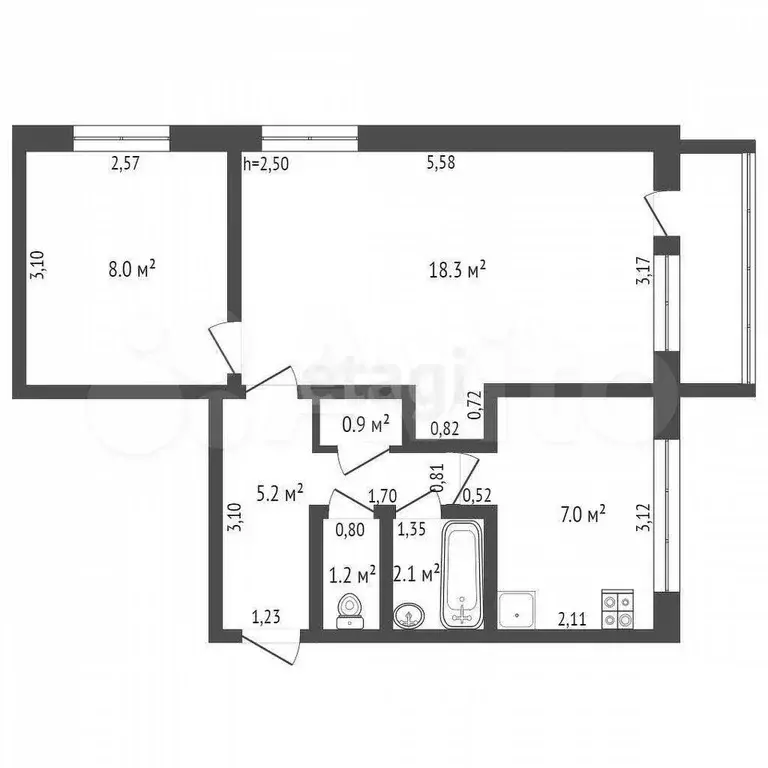 2-к. квартира, 42,7 м, 5/5 эт. - Фото 1