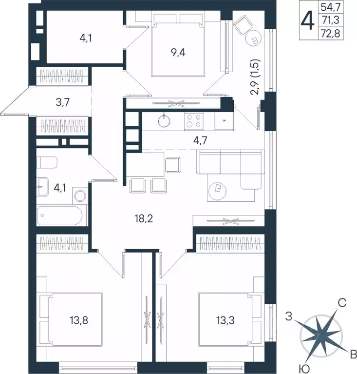 4-к кв. Пермский край, Пермь ул. Космонавта Беляева, 17 (72.8 м) - Фото 1