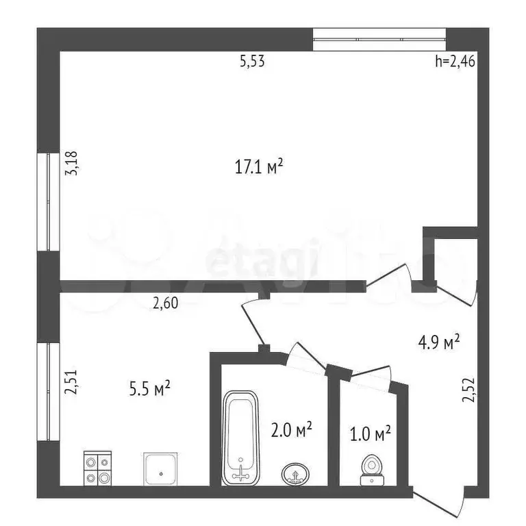 1-к. квартира, 30,9 м, 1/5 эт. - Фото 0