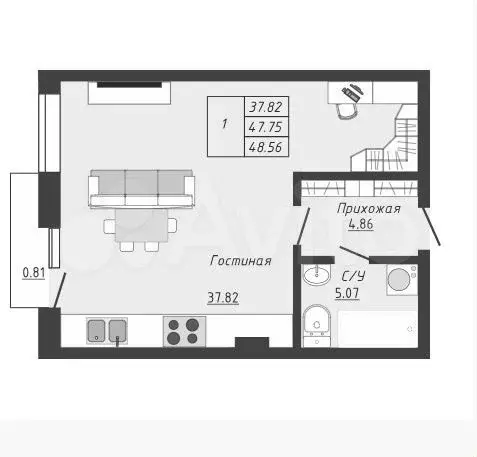 1-к. квартира, 47 м, 3/5 эт. - Фото 0
