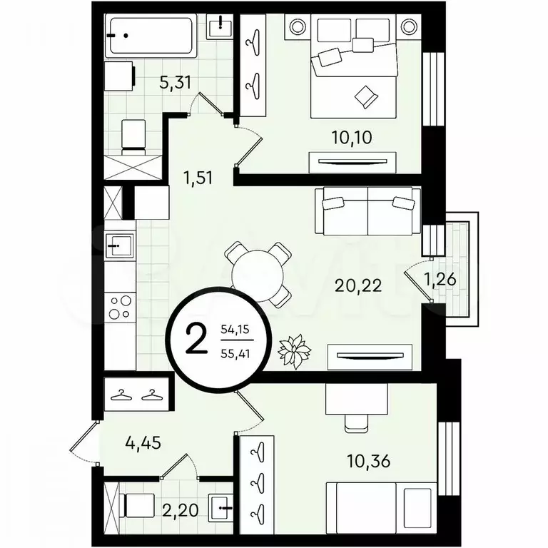 2-к. квартира, 55,4 м, 3/4 эт. - Фото 0