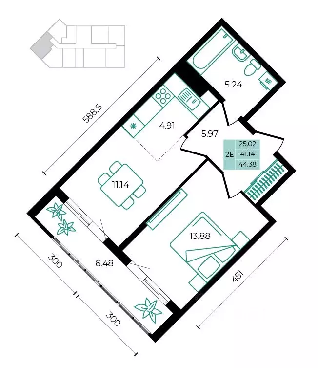 2-к кв. Адыгея, Майкопский район, пос. Тульский ул. Заречная (44.38 м) - Фото 1