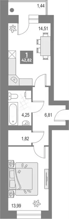 1-к. квартира, 42,8м, 2/4эт. - Фото 0