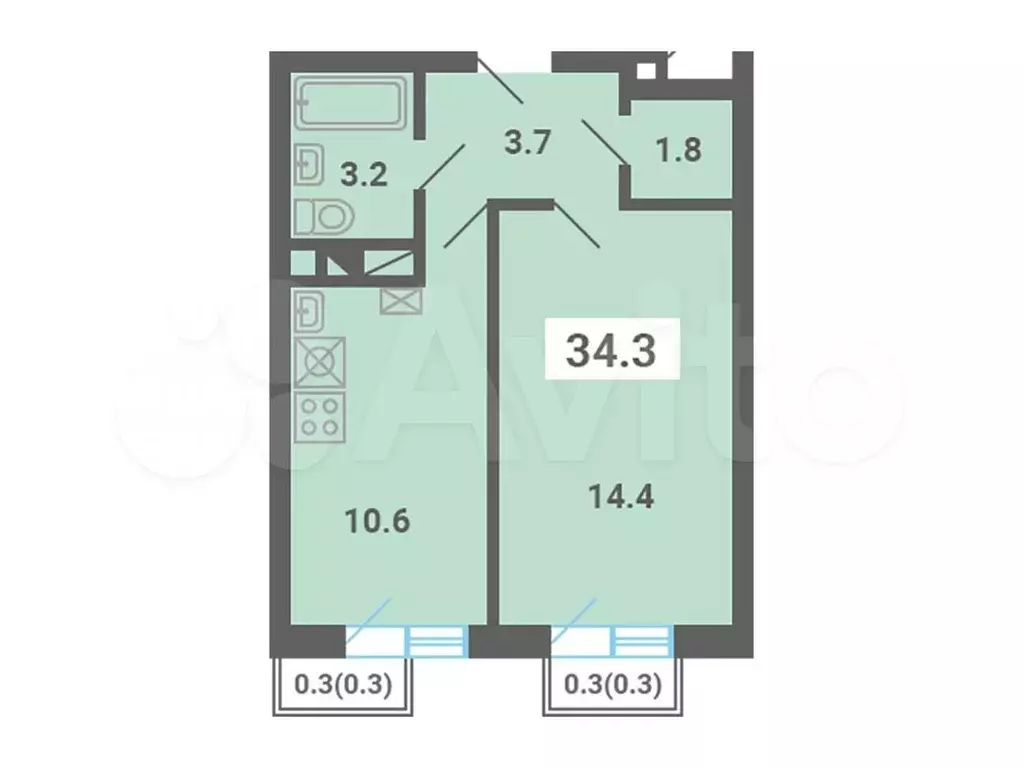 1-к. квартира, 34,3 м, 3/4 эт. - Фото 0