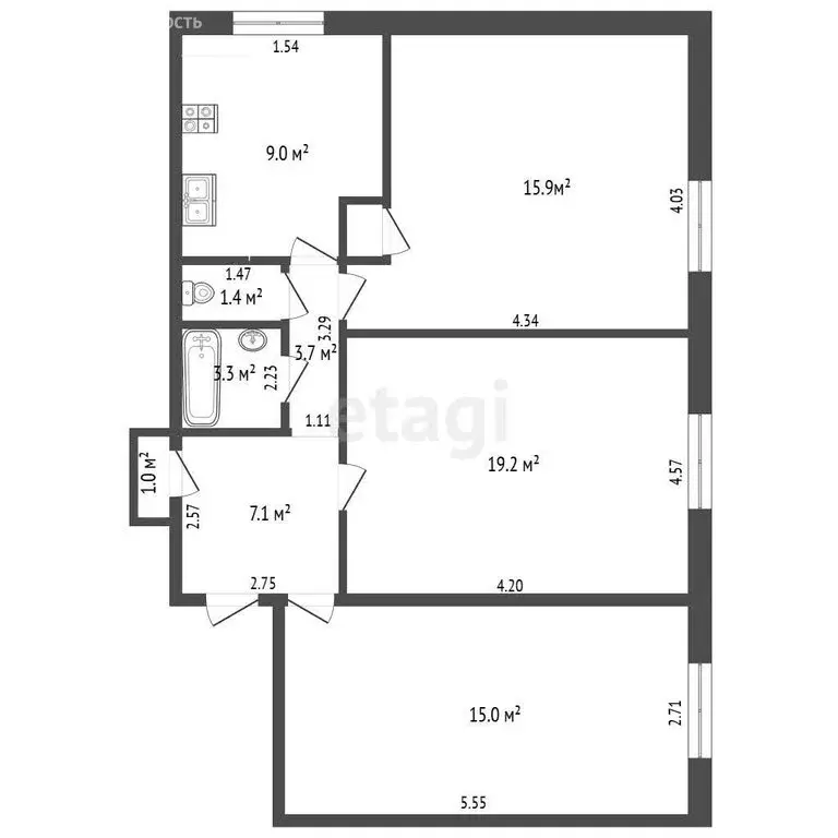 3-комнатная квартира: посёлок Аэропорт, Звёздная улица, 3 (76.1 м) - Фото 1