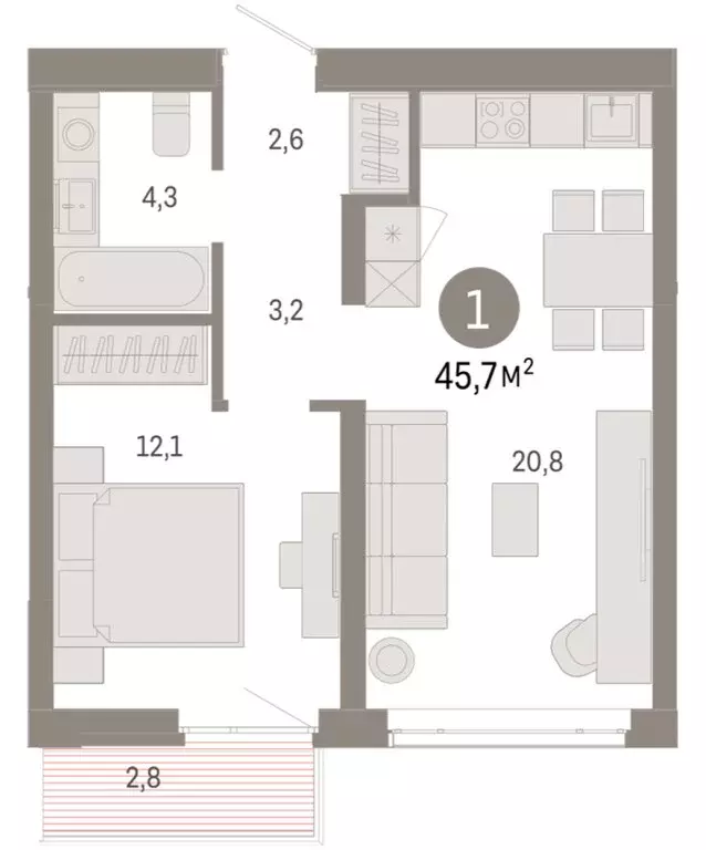 1-комнатная квартира: Тюмень, Ленинский округ (45.71 м) - Фото 1