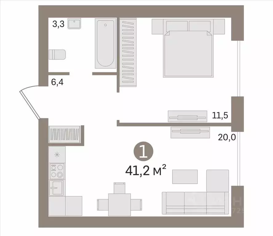 1-к кв. Тюменская область, Тюмень ул. Николая Ростовцева, 24 (41.2 м) - Фото 2