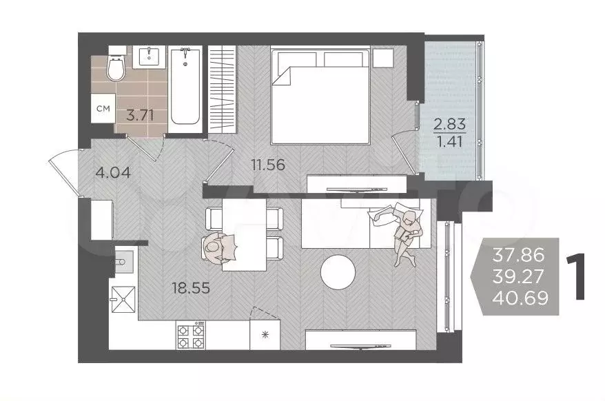 1-к. квартира, 40,7 м, 7/9 эт. - Фото 1