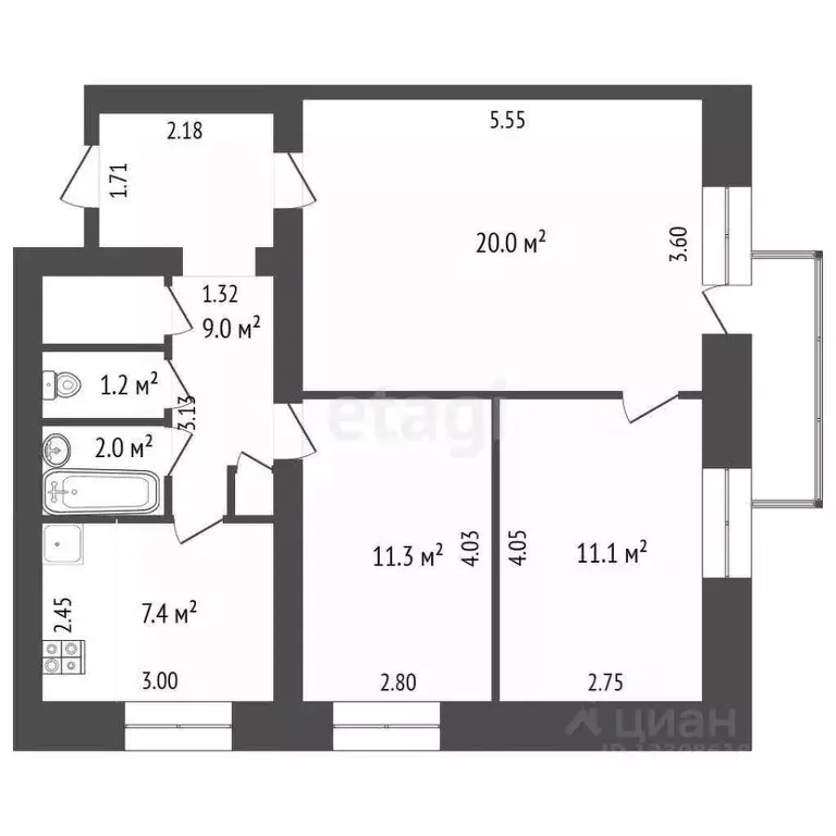 3-к кв. Омская область, Омск ул. Пушкина, 140 (62.0 м) - Фото 1