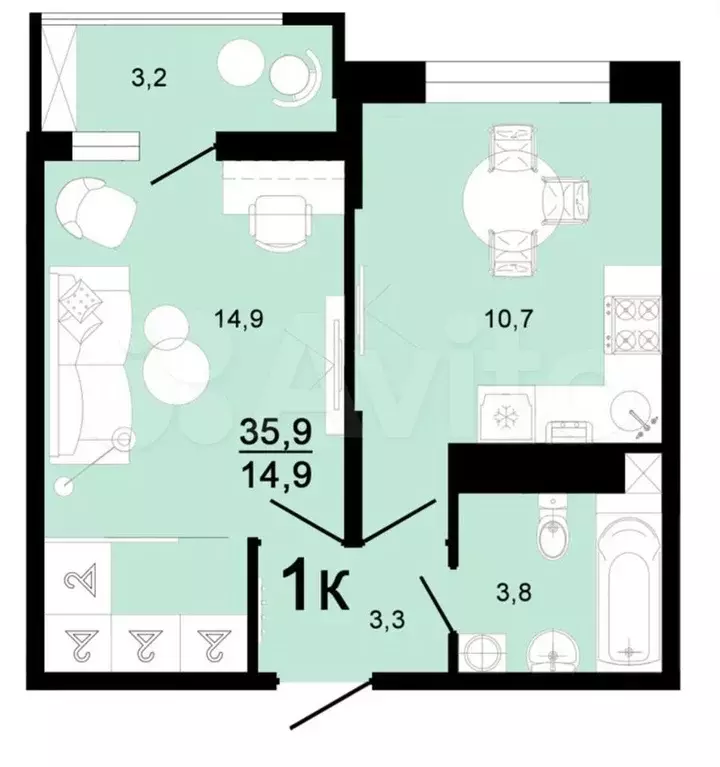 1-к. квартира, 35,9 м, 4/8 эт. - Фото 0