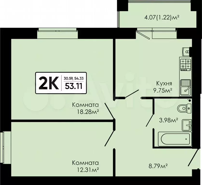 2-к. квартира, 53,1 м, 4/4 эт. - Фото 0