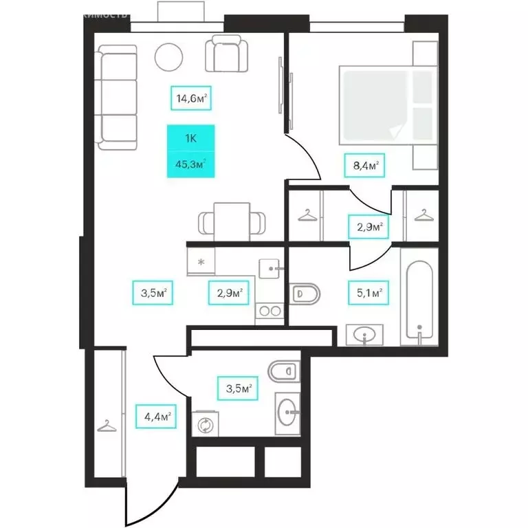 1-комнатная квартира: Тюмень, улица Червишевский Тракт, 25 (45.3 м) - Фото 1