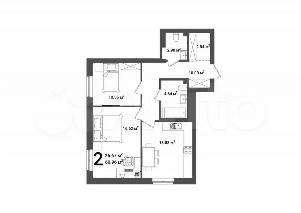 2-к. квартира, 60,9 м, 23/25 эт. - Фото 1