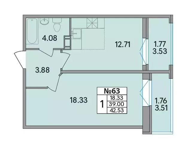 1-комнатная квартира: Скотное, Рождественская улица (42.53 м) - Фото 1