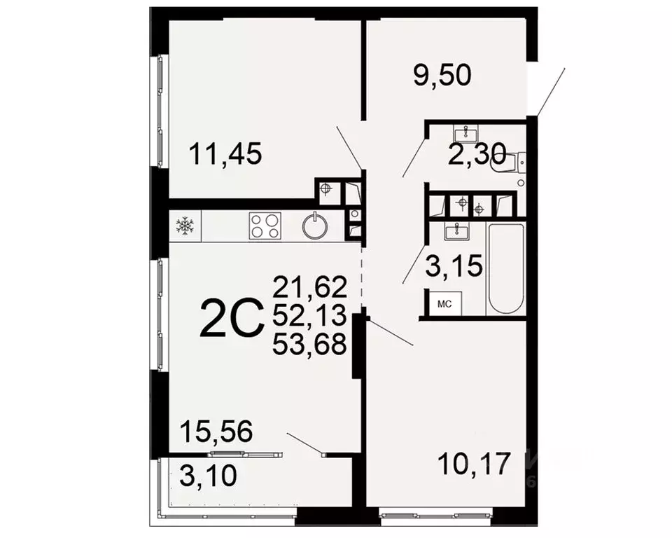 2-к кв. Тульская область, Тула Веневское ш., 49 (53.68 м) - Фото 1