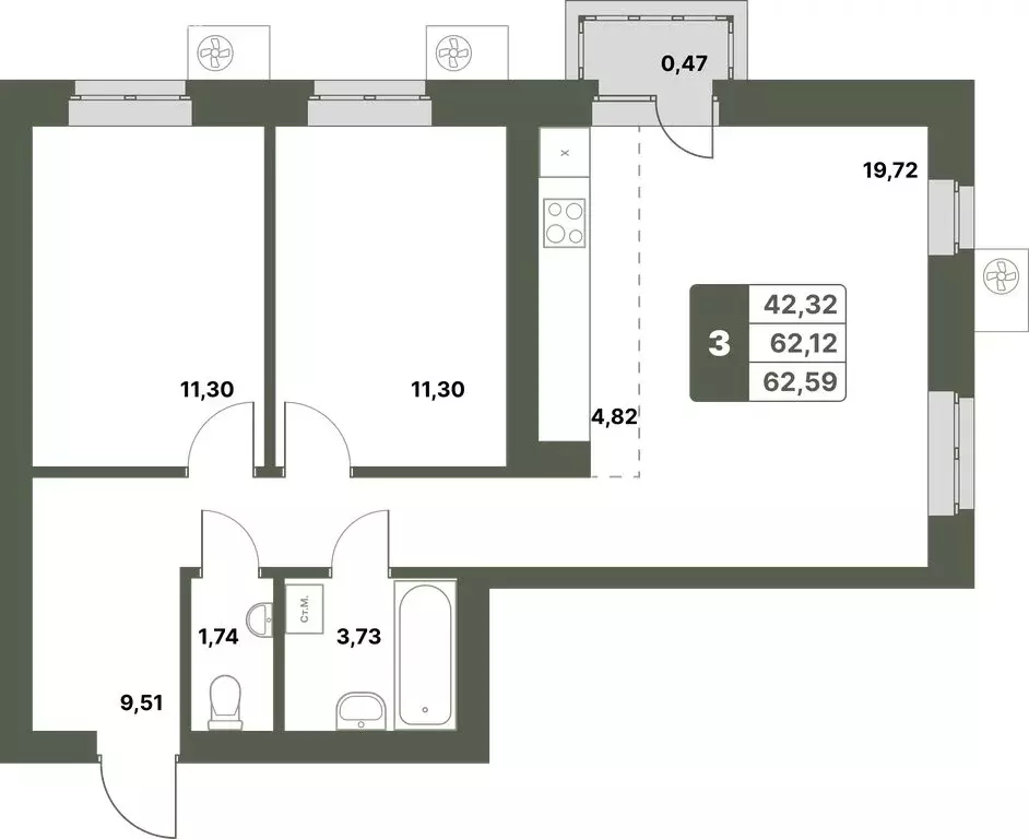 3-комнатная квартира: Уфимский район, село Миловка (62.59 м) - Фото 0