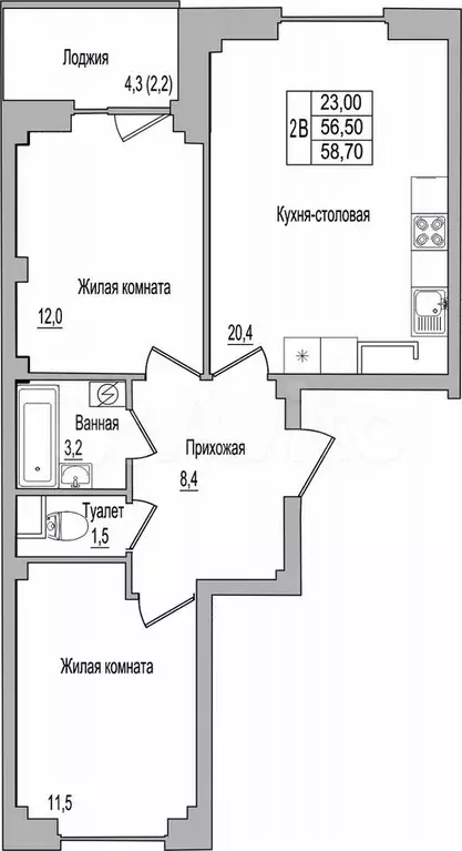2-к. квартира, 58,7 м, 4/9 эт. - Фото 0