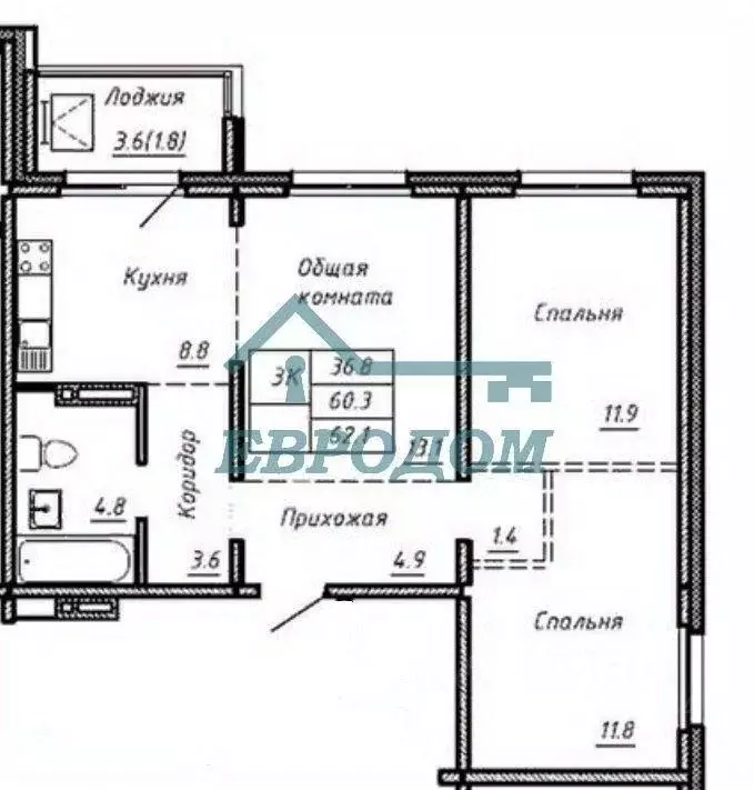 Квартира, 3 комнаты, 62.1 м - Фото 0