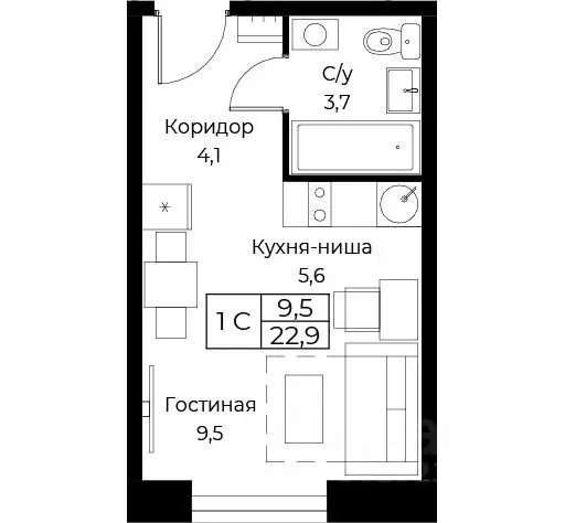 Студия Москва ул. Наметкина, 10Д (22.9 м) - Фото 1