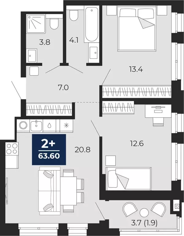 2-комнатная квартира: Тюмень, проезд Капитана Куликова, 5 (65.4 м) - Фото 1