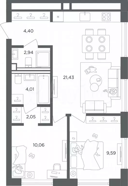2-к. квартира, 54,5 м, 5/45 эт. - Фото 0