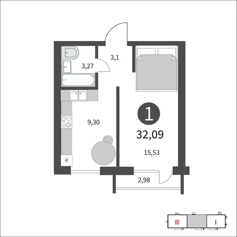 1-комнатная квартира: Гагарин, улица Строителей, 127 (32.09 м) - Фото 0